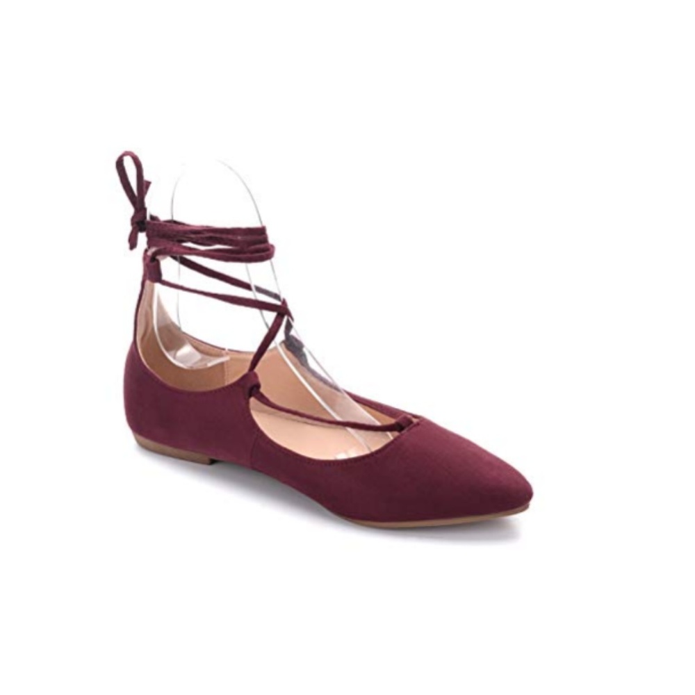IRMA Maroon Lace Up Pointy Toe Flats - Picture 2 of 5